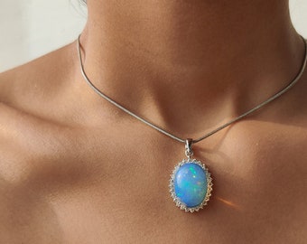 Blue Oval Natural Opal 14k Gold Pendant Jewelry, Ethiopian Welo Fire Opal Stone Diamond Pendant, Vintage Best Quality large AAA Opal Pendant