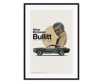 1968 Ford Mustang Fastback / Steve McQueen - Bullitt - Affiche de voiture, illustration de voiture, impression de voiture