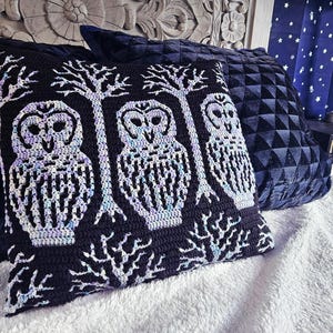 May include: A black and white crocheted throw pillow with a design of three owls in a forest setting. The owls are white with black eyes and beaks. The forest is depicted with white branches on a black background.