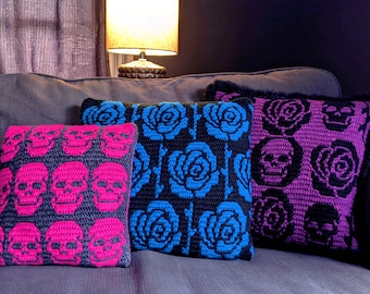 Skulls & Roses Mosaic Crochet Pillow Pattern Pack by Sixel Design