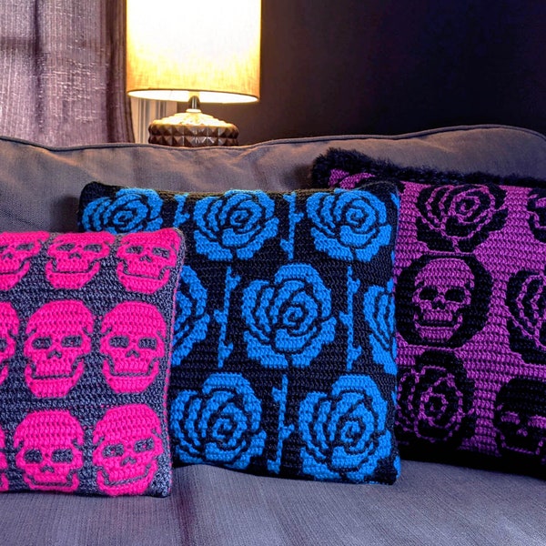 Skulls & Roses Mosaic Crochet Pillow Pattern Pack by Sixel Design