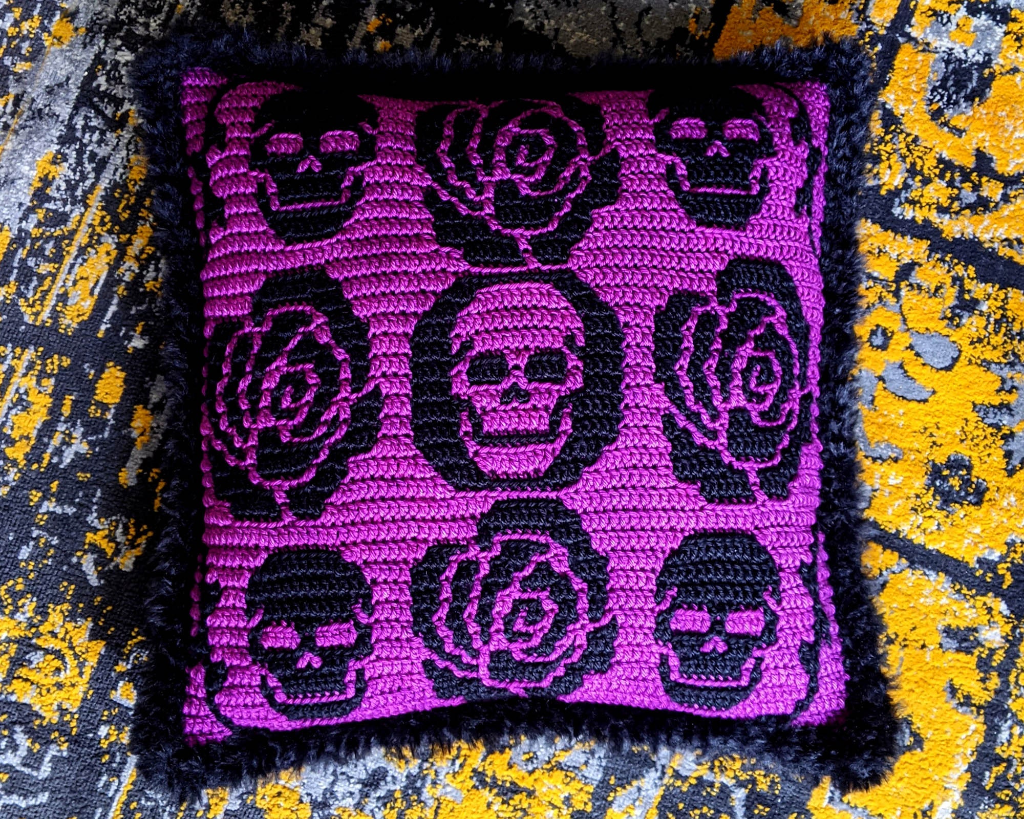 39 Skull Crochet Patterns for Halloween, Gothic Decor, and Creepy-Cute Gifts 4 Skulls & Roses Single Mosaic Crochet Pillow