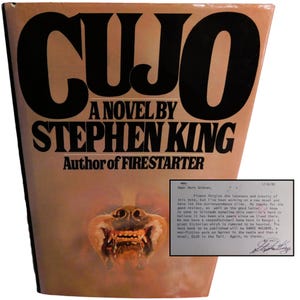 Stephen King SIGNED 1980 Typed Postal Card with A 1981 First Edition of CUJO