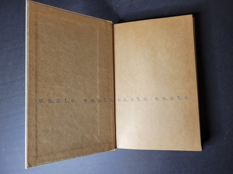 May include: Open book with tan-colored pages and the word "w. a. s. t. e." printed repeatedly in a dark gray font. The book's cover is a darker shade of tan, and the pages are slightly lighter.