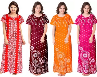 100% Pure Cotton Women's Rajasthani Print Ankle Length Maxi Nighty Soft Fabric Nightgown,Sleepwear comfortable wear for women-(Pack of-4)