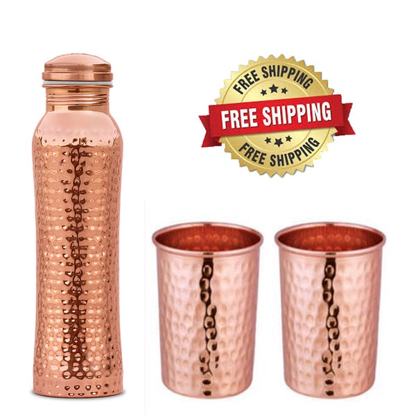 100% Pure Copper Water Hammered Bottle With Two Glass Set Ayurvedic Healthy Living Wellness Gift- Self Love Fitness Yoga