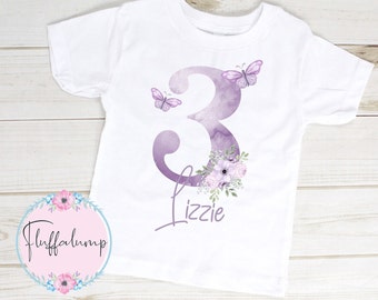 Personalised Butterfly Themed Birthday T-shirt | Birthday Keepsake | Personalised Birthday Gift | Boy Girl Birthday Tee | Lilac Butterfly