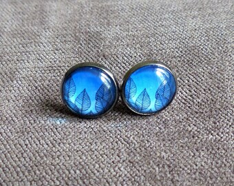 Blue Leaves Stud Earrings- Blue Glass Cabochon Earrings -Resin Earrings - Blue Studs -Blue Earrings- Handmade Earrings