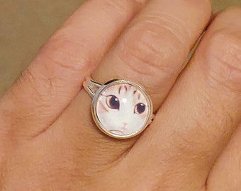 Katze Ring - Katze Cabochon Ring - Silber vergoldet verstellbare Katze Ring
