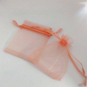 May include: Two peach-colored organza gift bags with drawstrings. The bags are made of sheer fabric and have a delicate, feminine look.