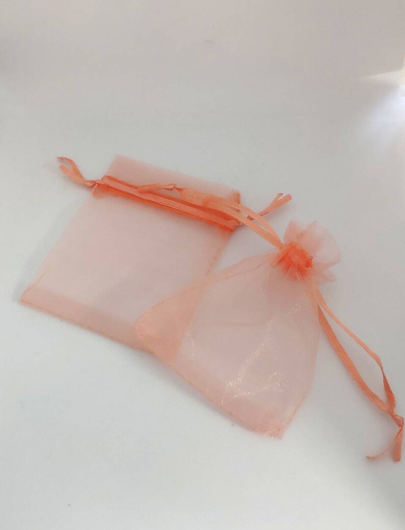 May include: Two peach-colored organza gift bags with drawstrings. The bags are made of sheer fabric and have a delicate, feminine look.