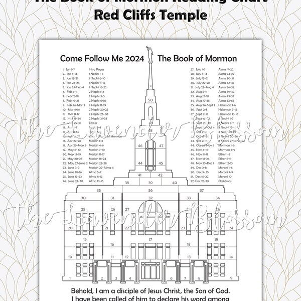 Come Follow Me Reading Tracker - Coloring Chart - Red Cliffs Temple - 2024 Book of Mormon