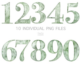 Watercolor Numbers Clipart, hand painted  Number clip art. Green mint symbols digital individual PNG files Instant download, high resolution