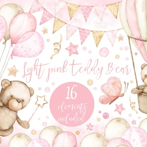 Clipart dell'orsacchiotto dell'acquerello. Neonate carine, baby shower, clip art rosa chiaro per bambini PNG individuali per uso commerciale. È una ragazza. P1