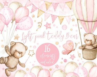 Watercolor Teddy Bear clipart. Baby Girls Cute, Baby shower,  Light Pink Kids clip art Individual PNG Commercial use. It's a girl. P1