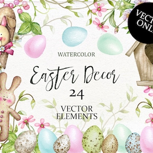 Easter Watercolor VECTOR Clipart, Digital Easter Eggs Clip Art, Spring Blossom Clipart, Kid&#39;s Clipart, Easter Printable Clipart.
