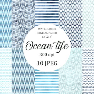 Pacchetto DigitalPaper nautico. Carta per album stampabile. Acqua, intrecci indaco, striscia blu, sfondo acquerello turchese. Uso commerciale.