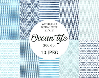 Paquete de papel digital náutico. Papel de álbum de recortes imprimible. Agua, tejidos índigo, franja azul, fondo de acuarela turquesa. Uso comercial.