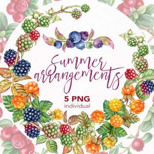 May include: Watercolor illustration of a wreath made of berries, leaves, and flowers. The wreath is decorated with blueberries, blackberries, cloudberries, and lingonberries. The text "Summer arrangements" is written in purple cursive lettering. The text "5 PNG individual" is written in black lettering.