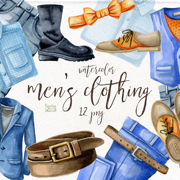 Watercolor men's fashion individual PNG. Casual clothing style, boots, shoes, shirt, jacket, jeans clipart. Hand-painted clip art.