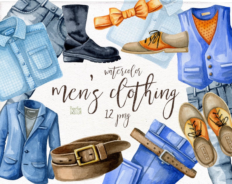 May include: Watercolor illustrations of men's clothing items, including a blue blazer, a blue vest, a blue and white plaid shirt, a pair of blue jeans, a brown leather belt, a pair of brown leather shoes, and a pair of black leather boots. The text "watercolor men's clothing 12 png" is written in brown cursive.