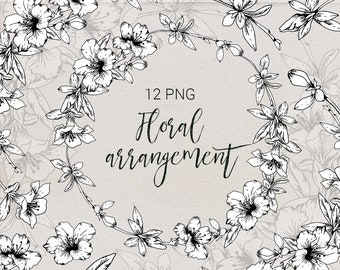 Hand drawn floral elements. Wedding wreath and corners.
