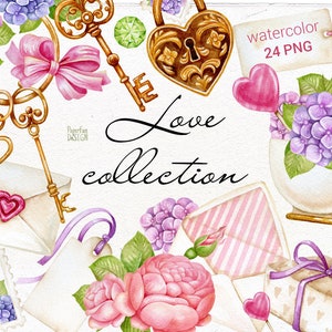 Watercolor hearts romantic clipart. Love wedding invitation design clip arts. Golden key, lock. Pink hydrangea and roses flowers. Printable