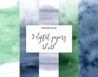 Green, Emerald, Blue, Gray Watercolor Background, Hand Painted Background, 12''x12'' Printable Digital Paper pack, Watercolor Texture.