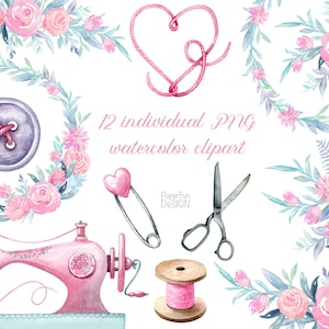 Watercolor vintage sewing clip art. Branding kit, sewing machine, flowers, needlework, stitching, scissors DIY clipart. Individual PNG files
