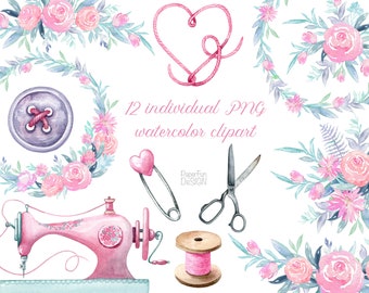 Watercolor vintage sewing clip art. Branding kit, sewing machine, flowers, needlework, stitching, scissors DIY clipart. Individual PNG files