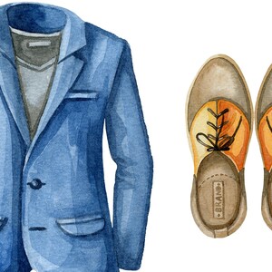 May include: A blue blazer with a gray v-neck shirt underneath. Two brown leather shoes with orange and yellow accents. The shoes have the word "BRAND" written on the bottom.