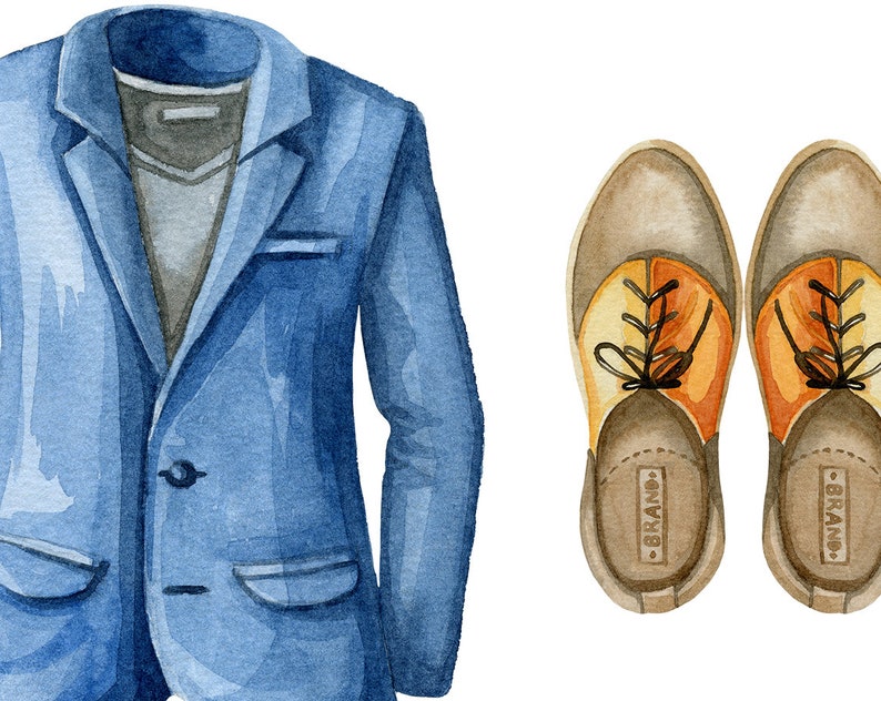 May include: A blue blazer with a gray v-neck shirt underneath. Two brown leather shoes with orange and yellow accents. The shoes have the word "BRAND" written on the bottom.