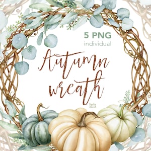 Couronnes de Thanksgiving à l'aquarelle. Bouquet floral élégant avec feuilles d'eucalyptus et citrouilles. Clipart à usage commercial. Impression haute résolution.