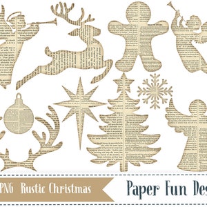 Rustic Holiday Decor Clip art. Christmas Vintage Clipart, Angel, Star, Snowflake, Gingerbread Man, Christmas Tree, Reindeer Antlers.