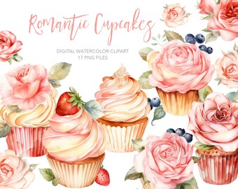 Romantic Cupcake Digital Watercolor clipart. AI illustration. Rose flower, sweet bakery dessert clip art. Instant download. Commercial use.