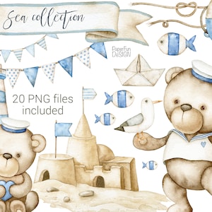 Clipart dell'orsacchiotto dell'acquerello. Baby Boy, carino clip art nautico mare oceano bambini. PNG individuale. Uso commerciale. È un ragazzo. Alta risoluzione