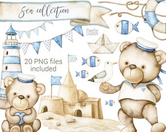 Watercolor Teddy Bear clipart. Baby Boy, Cute Nautical Sea Ocean Kids clip art. Individual PNG. Commercial use. It's a boy. High resolution