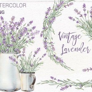 May include: Watercolor illustrations of lavender flowers in vintage style. The flowers are arranged in a bouquet, a wreath, and individual sprigs. The text "Vintage Lavender" is written in purple script.