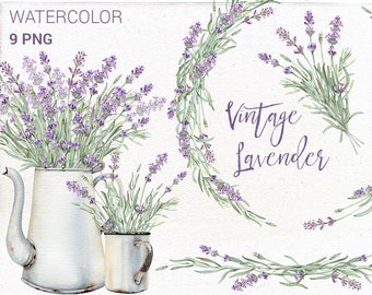 Watercolor vintage lavender clip art. White rusty farmhouse wedding clipart. Sublimation design. Printable high-resolution illustration.