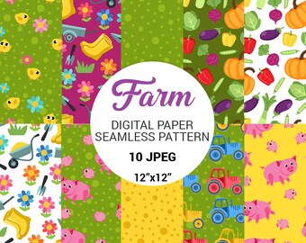 Farm Digital Paper, Fabric Farm Seamless Pattern, Vegetables, Pig, Piglet, Tractor, Gardening Background. Kid's Pattern. Commercial Use.