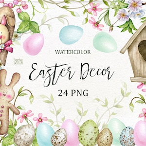 Easter Watercolor Clipart, Digital Easter Eggs Clip Art, Spring Blossom Clipart, Kid&#39;s Clipart, Easter Printable Clipart.