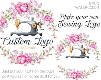 Watercolor Sewing logo kit. DIY logo. 5 individual vintage sewing machine custom logo. High resolution.