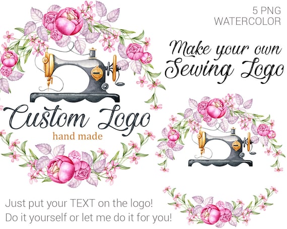 Watercolor Sewing logo kit. DIY logo. 5 individual vintage sewing machine custom logo. High resolution.
