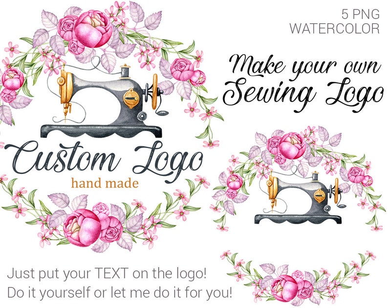 Op de afbeelding: Een aquarel-illustratie van een naaimachine met roze bloemen en bladeren. De tekst "Make your own Sewing Logo" en "Custom Logo hand made" is in de afbeelding opgenomen.