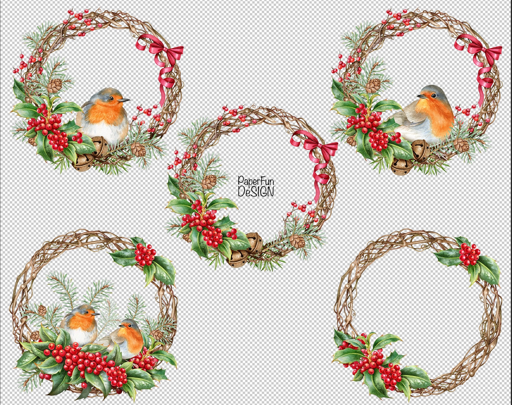 Winter Robin PNG Birds. Merry Christmas Wreath, Holly Leaves and ...