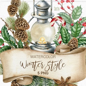 5 arranjos individuais de círculos de Natal em aquarela. Clipart redondo de Natal vintage.
