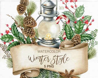 5 individual watercolor Christmas  circle arrangements. Vintage Christmas round clipart.