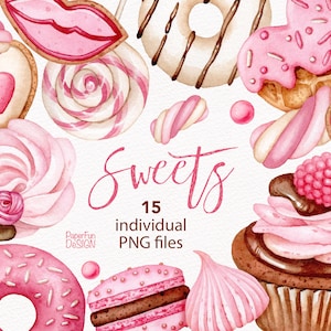Valentinstag Aquarell Clipart. Rosa Bonbons Plätzchen. Süßes Liebesbonbonherz. Donuts, Cupcake, Macarons, Marshmello, Zucker, Schokolade PNG.