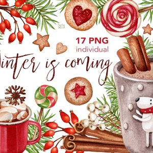 Aquarell digitale Weihnachtswesensmerkmale. Warmes Getränk, Kakao, Schokolade, Süßigkeitenstange. Gemütlicher Winterbecher. Weihnachtsglas, Kekse Clipart.