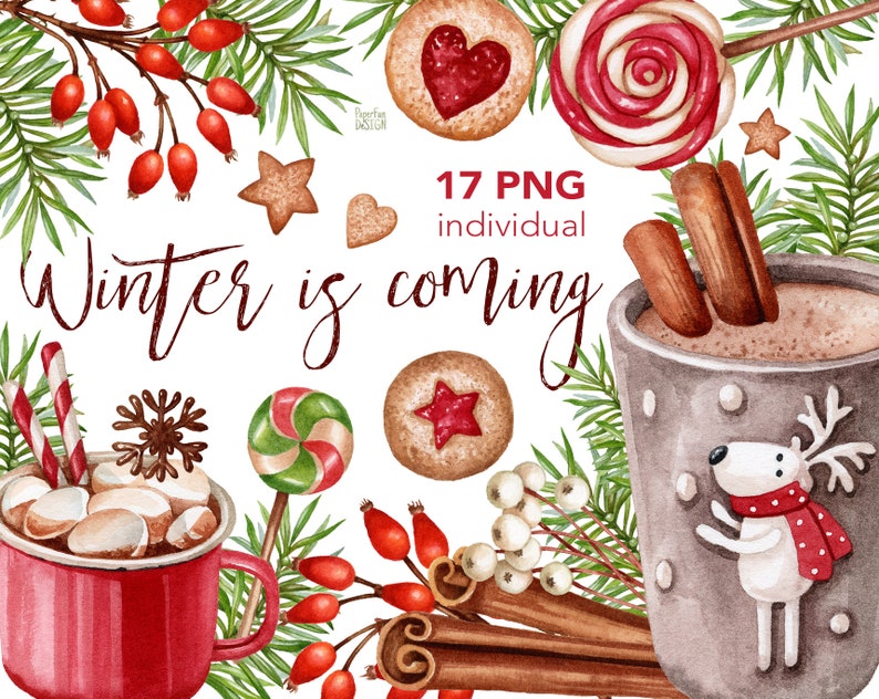 May include: Watercolor illustration of winter themed elements, including a mug of hot chocolate with marshmallows, a gingerbread cookie, a candy cane, cinnamon sticks, and a sprig of holly. The text "Winter is coming" is written in cursive.